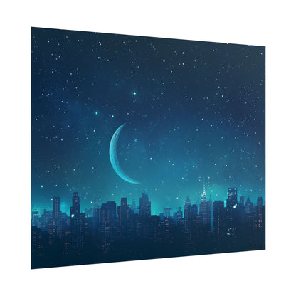 Starry Night Sky: Tranquil Dark Blue Scene with Crescent Moon - Poster
