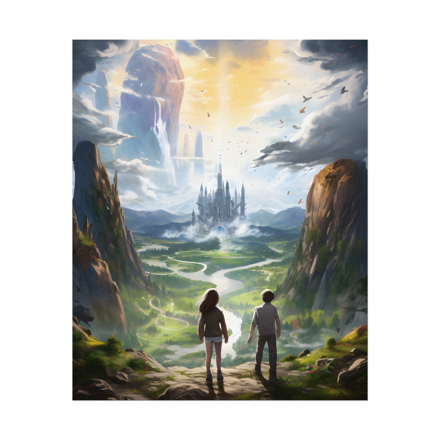 Girl and Boy in Serene Meadow: A Moment on Cloudy Hill - Poster