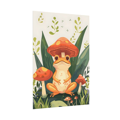 Retro Whimsy: Frog & Mushrooms in Close-Up Charm - Poster