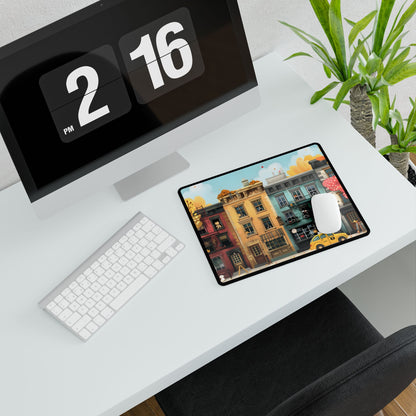Whimsical Wonder: Playful Yellow Building Illustration - Desk Mat