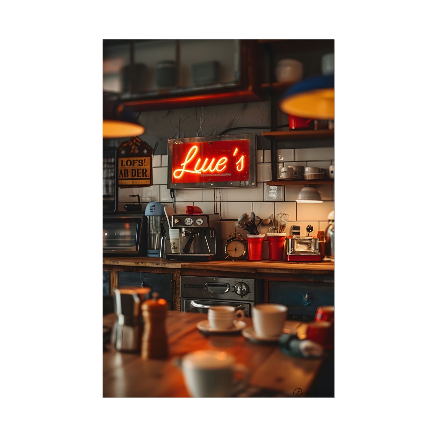 Cozy Retro Kitchen Artwork: Lukes Diner Sign Digital Art - Poster