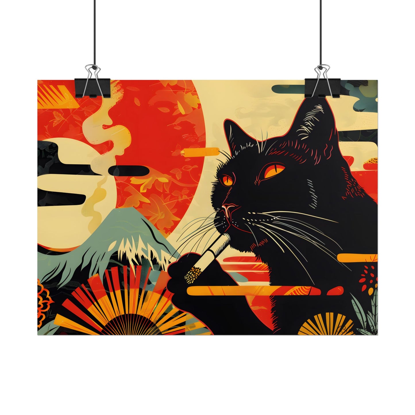Whimsical Cat Smoking: Red & White Stripe Artwork - Poster