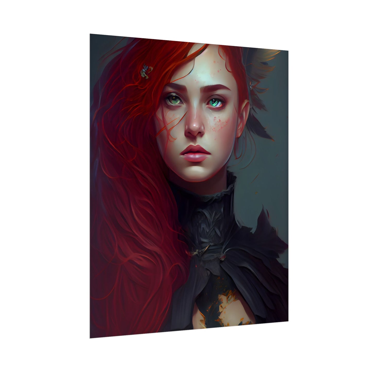 Vibrant Female Portrait: Red Hair Beauty in Neutral Dress - Poster