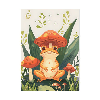 Retro Whimsy: Frog & Mushrooms in Close-Up Charm - Poster