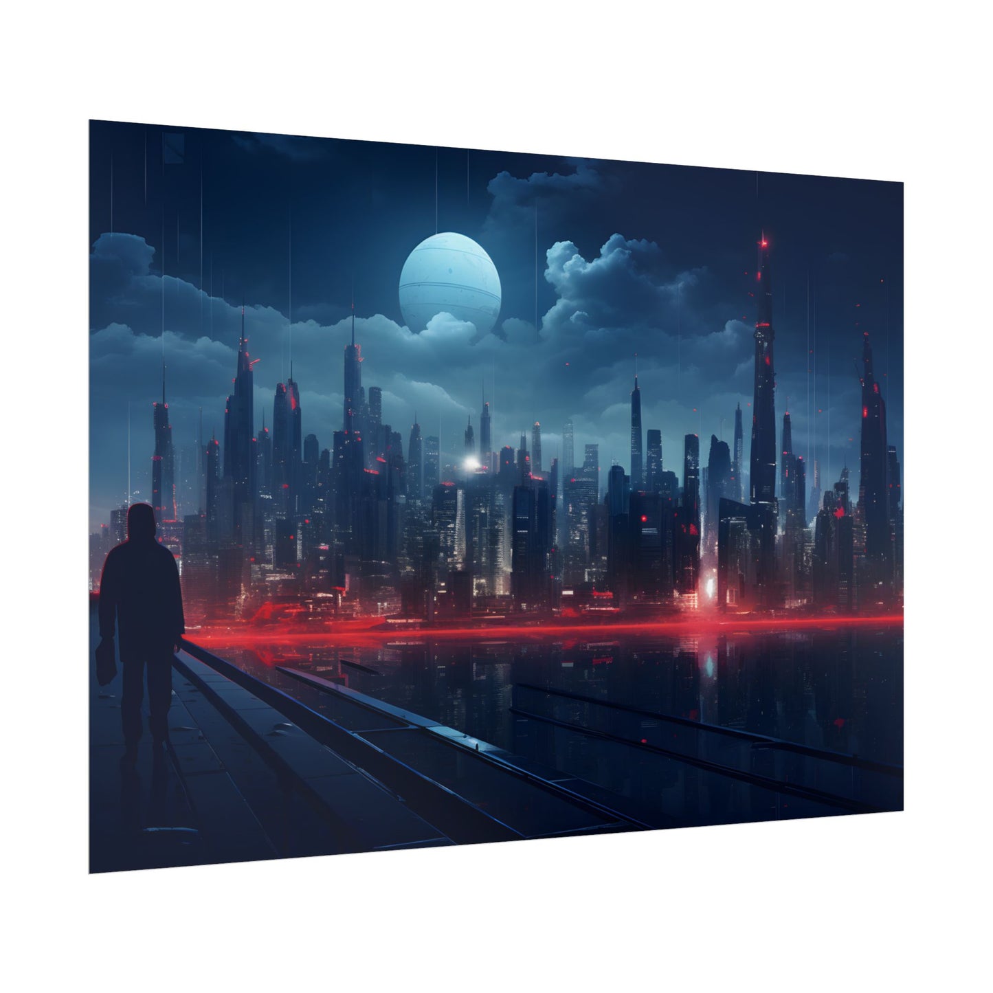 Melancholic Night: A Solo Figure in Cyberpunk Cityscape - Poster