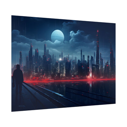Melancholic Night: A Solo Figure in Cyberpunk Cityscape - Poster