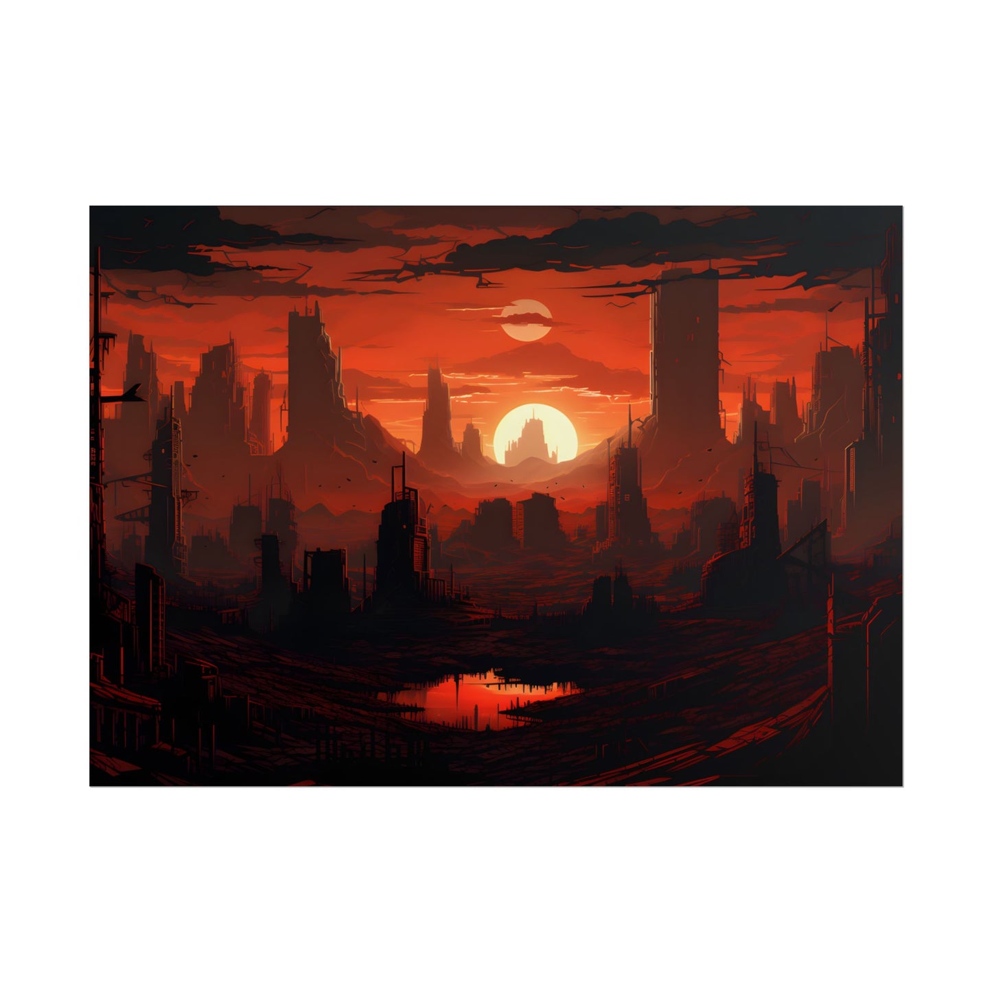 Cyberpunk Nighttime Cityscape: Burning City Digital Art - Poster