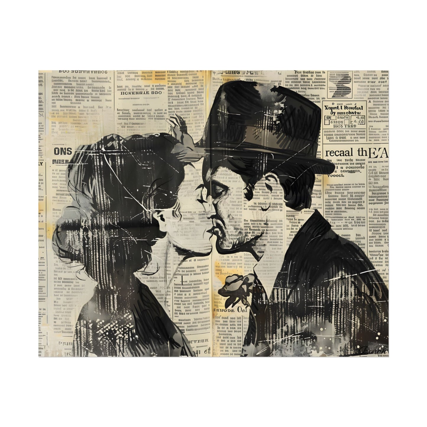 Vintage Romance Couples: Newsprint Artwork - Intimate Moments - Poster