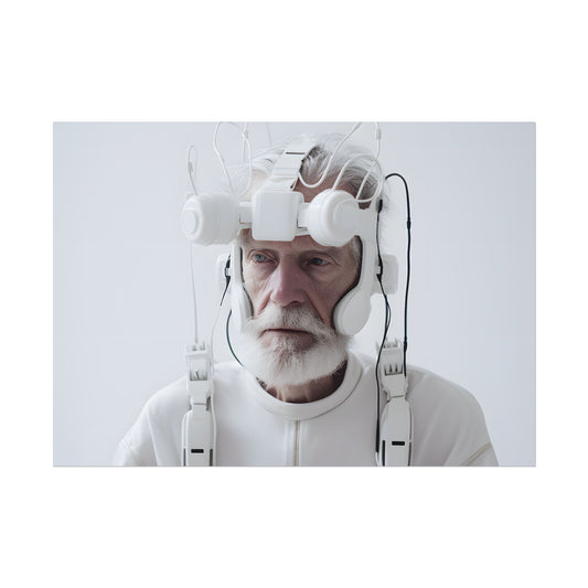 Elderly Man in Advanced Tech: Sci-Fi Headset Art - Poster
