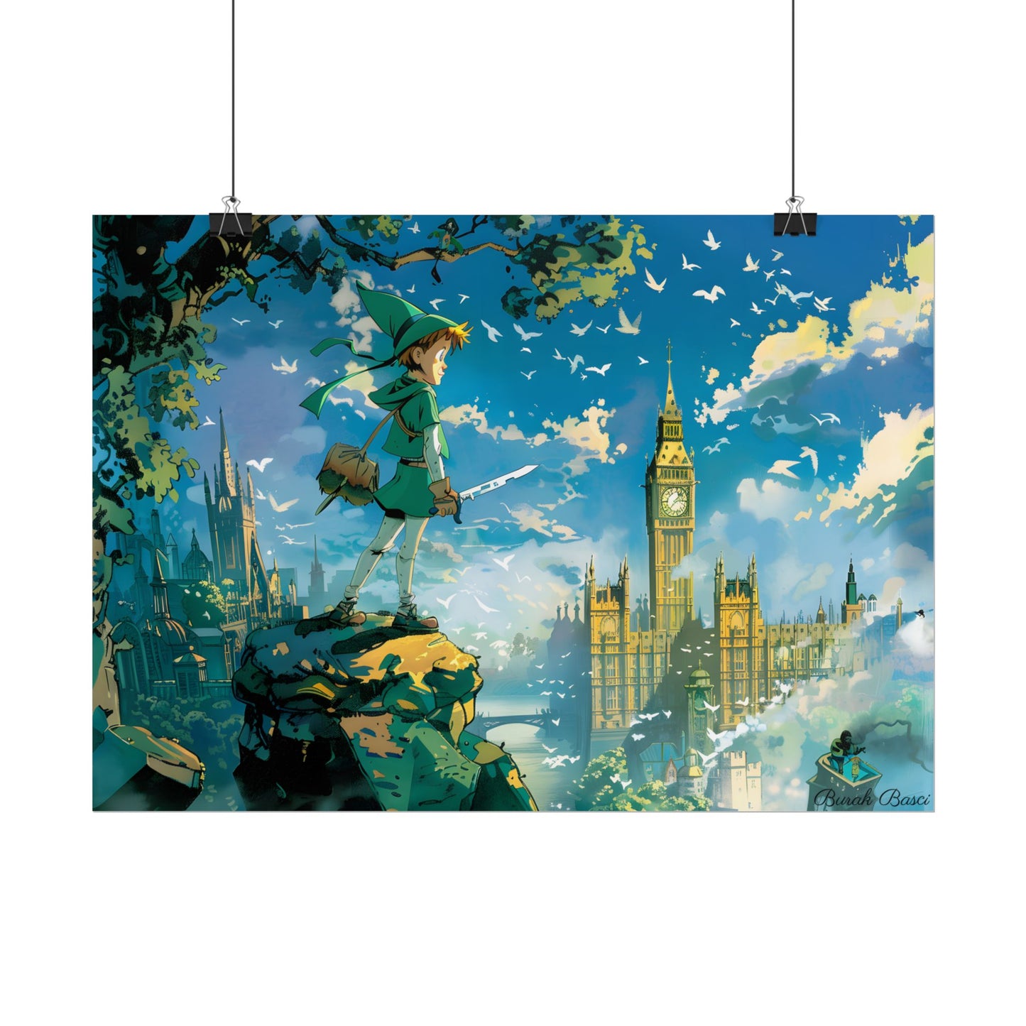 Whimsical Boy in Green: Colorful Illustration Artwork - Poster