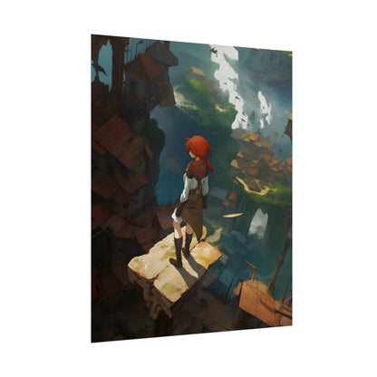 Dramatic Night City Anime: Red Haired Female Digital Art - Poster