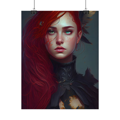 Vibrant Female Portrait: Red Hair Beauty in Neutral Dress - Poster