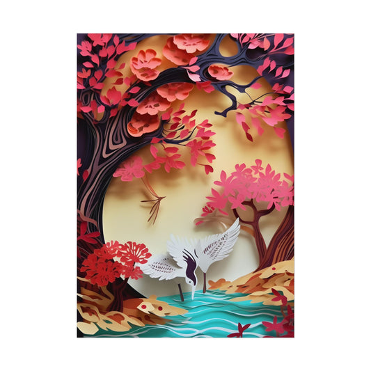 Vibrant Quilled Japanese Landscape: Rolling Hills and Mountains - Poster