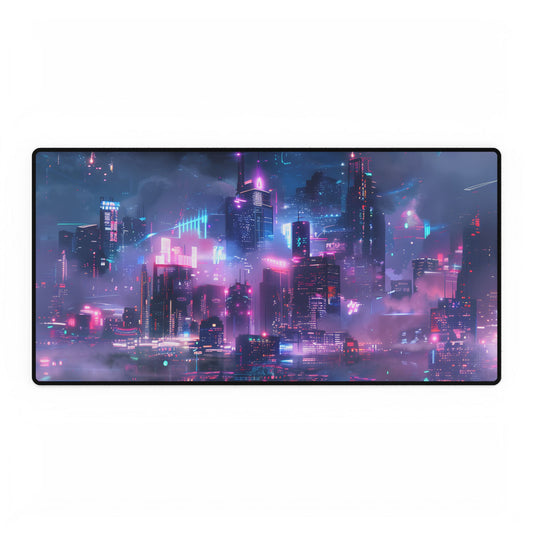 Futuristic Neon City: Urban Oasis at Night - Desk Mat