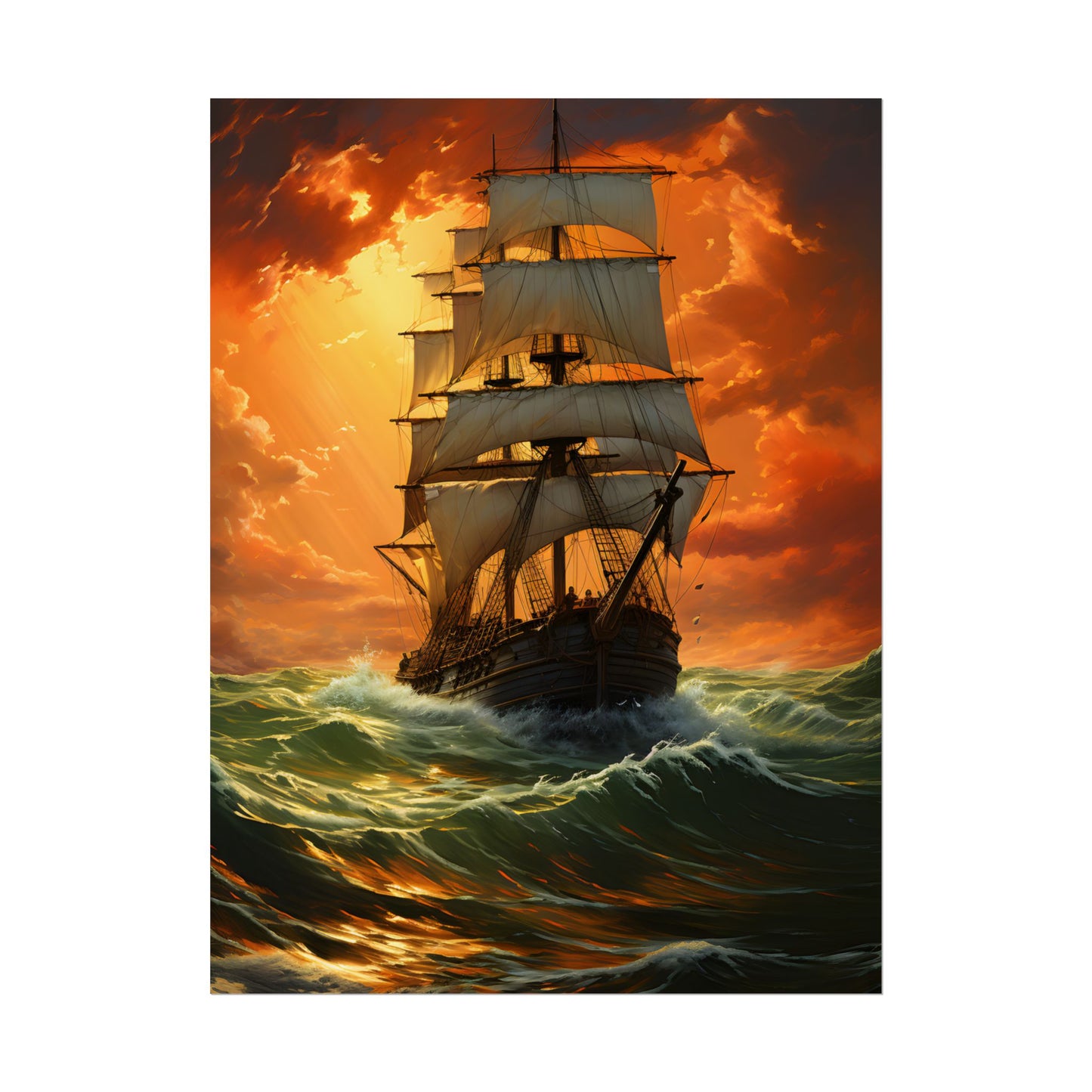 Nature's Serenity: Realistic Oil Painting of a Green Ship - Poster