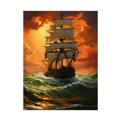 Nature's Serenity: Realistic Oil Painting of a Green Ship - Poster