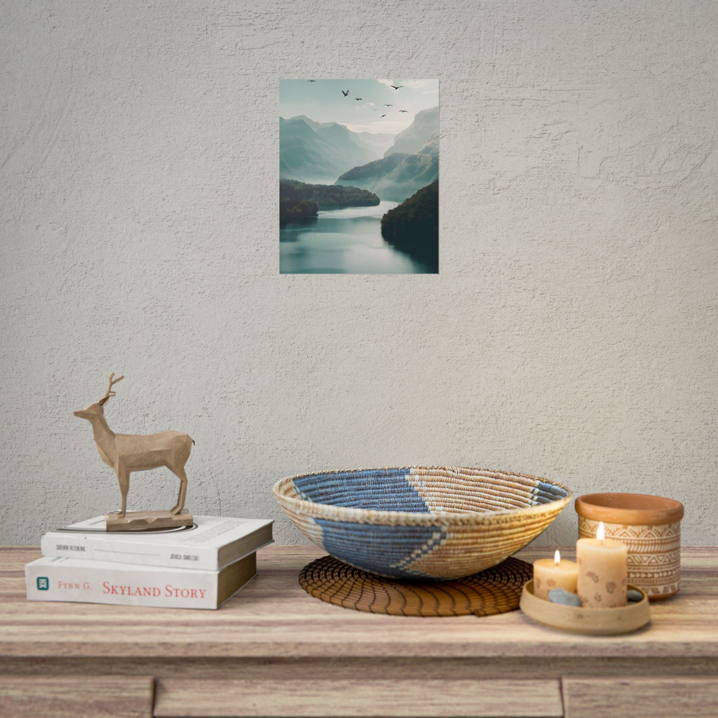 Explore Serene Mountains and Lake: Aerial Perspective Digital Art - Poster