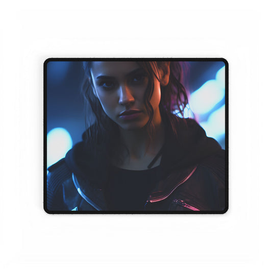 Cyberpunk Teen Close-Up: Neon Glow Digital Art - Desk Mat