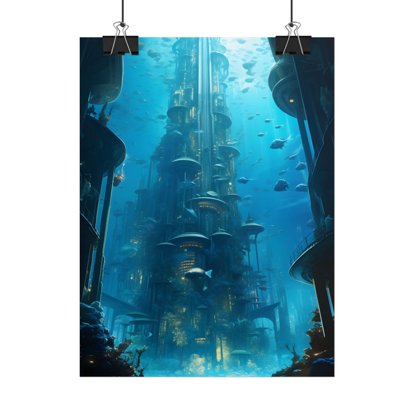 Future Metropolis: Underwater Cityscape Digital Art - Poster