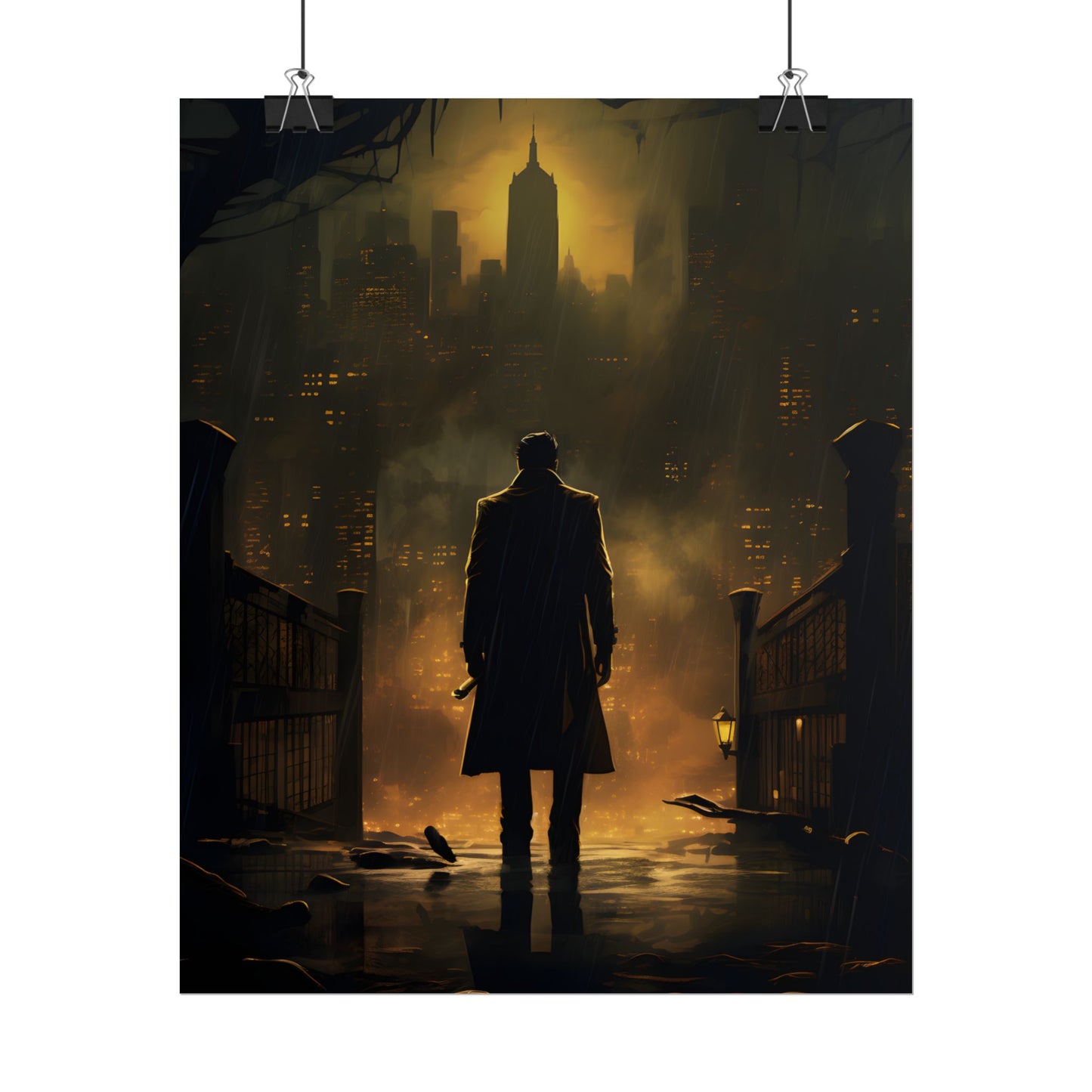 Urban Fantasy Detective: Moody City Skyline Reflection - Poster