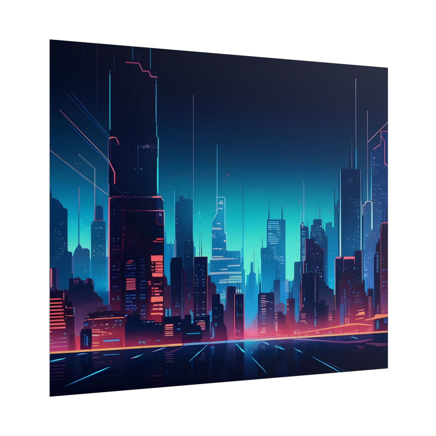 Melancholic Night Cyberpunk Cityscape: Neon Dreams Digital Art - Poster