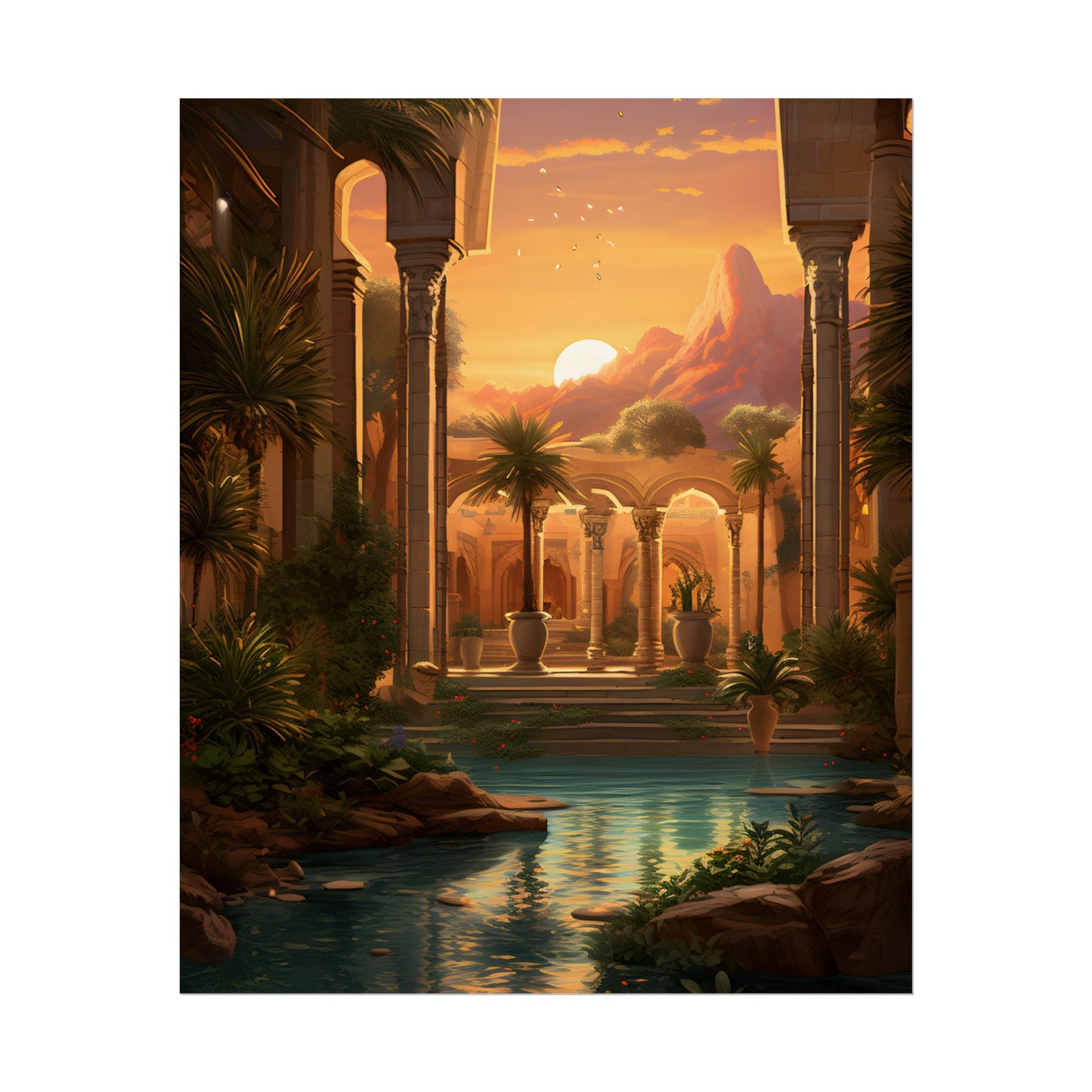 Desert Oasis at Sunset: Magical Desert Artwork - Poster