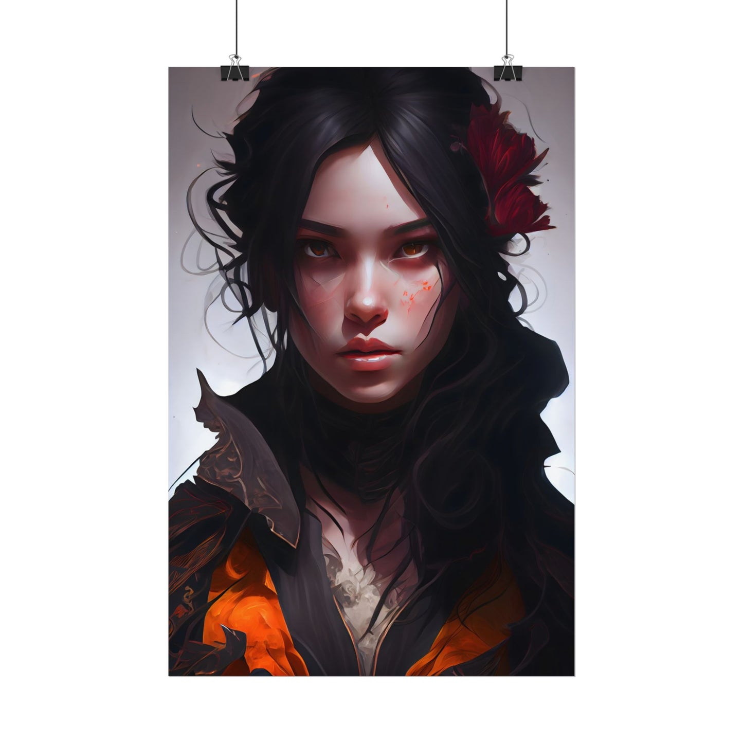 Black Hair Female Portrait: Elegant Dress Artwork - Poster