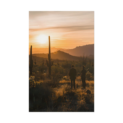Desert Sunset Serenity: Two Friends Standing Together - Poster