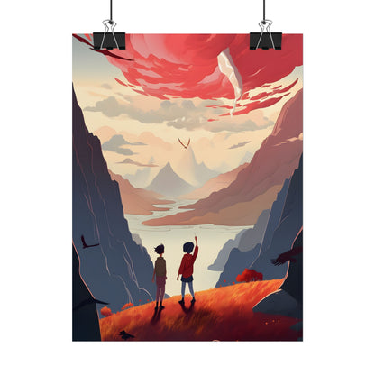 Serene Meadow Scene: Girl & Boy Under Cloudy Sky - Poster