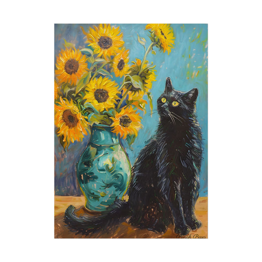 Whispers in the Garden: A Black Cat Among Sunflowers - Poster
