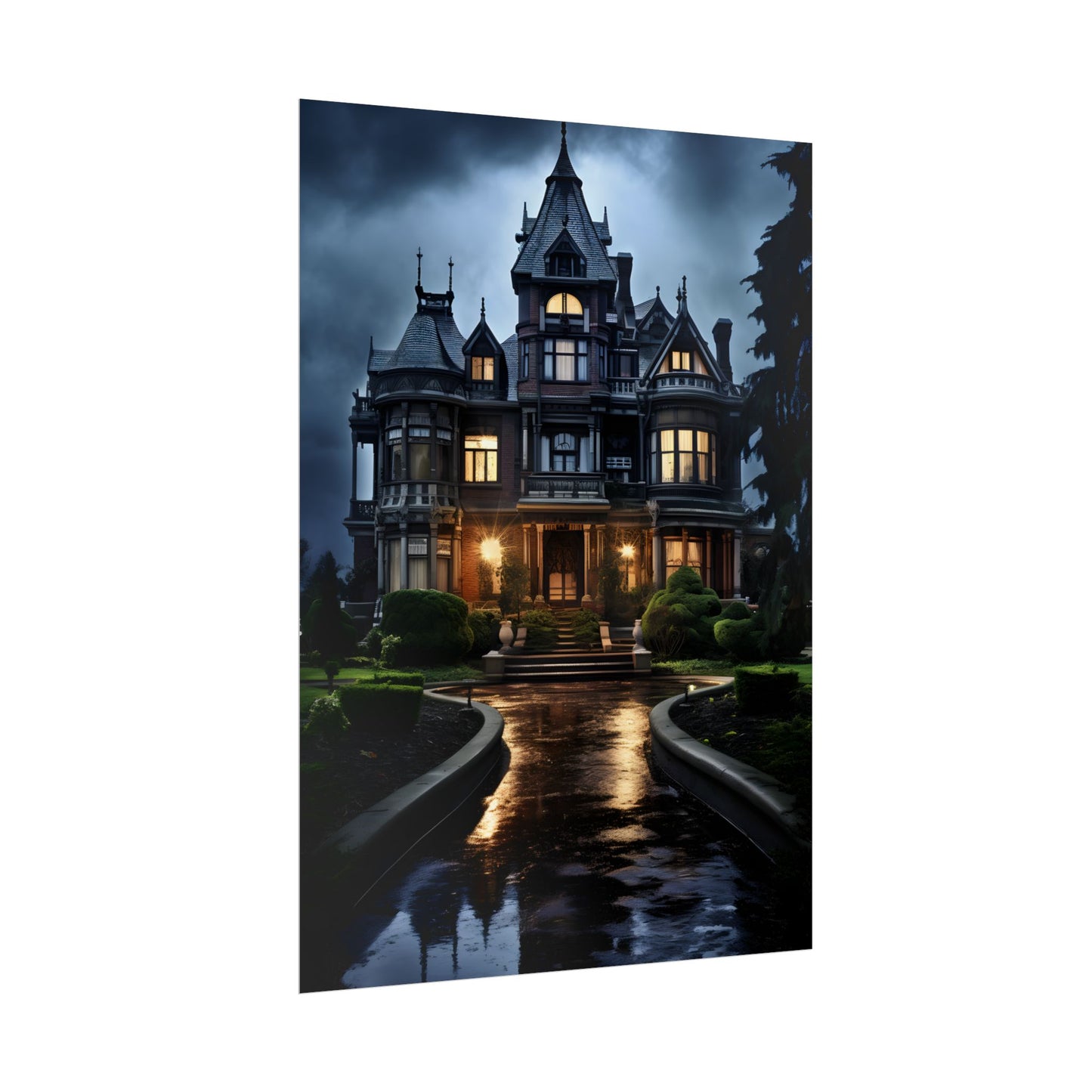 Haunted Victorian Mansion: Spooky Stormy Night Art - Poster
