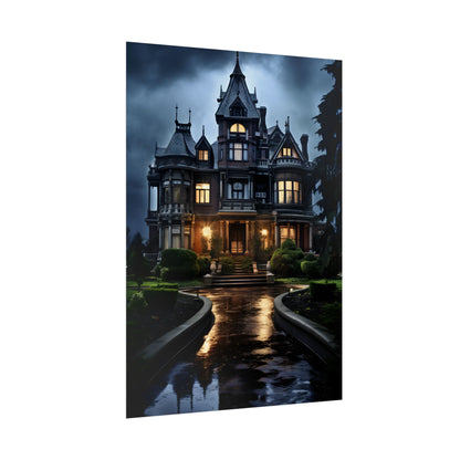 Haunted Victorian Mansion: Spooky Stormy Night Art - Poster