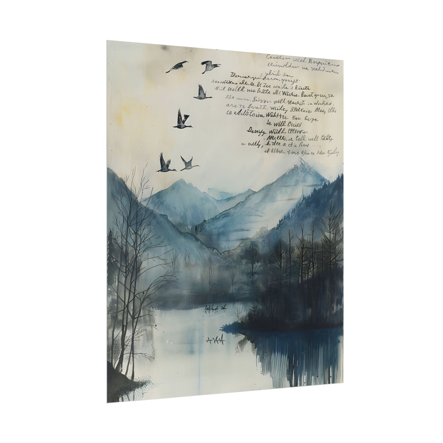 Nature's Serenity: Mountain Lake Birds in Flight Artwork - Poster
