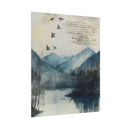 Nature's Serenity: Mountain Lake Birds in Flight Artwork - Poster