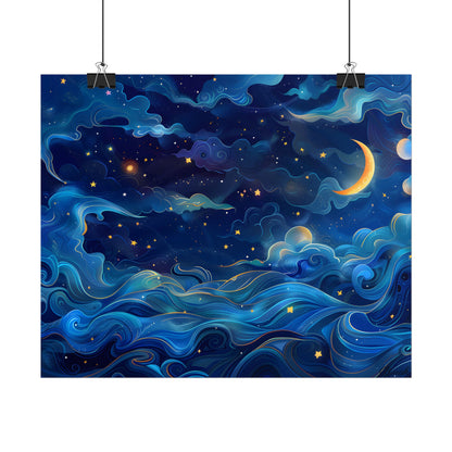 Whimsical Dreamy Night Sky: Stars, Moon, and Shooting Star - Poster