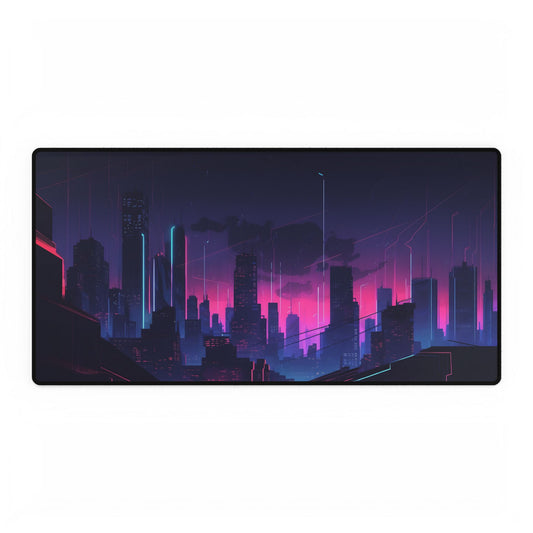 Melancholic Cyberpunk Cityscape: Nighttime Digital Art - Desk Mat