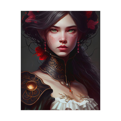 Elegant Black Hair Portrait in White Dress - Poster