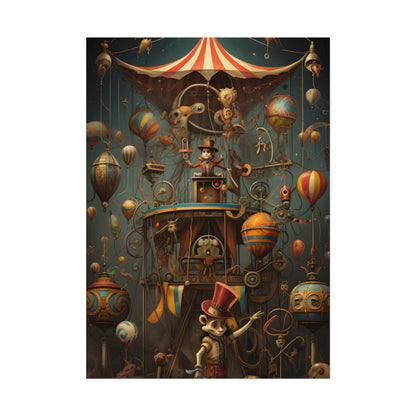 Whimsical Clockwork Circus: Fantastical Wooden Horse in Steampunk Dreamscape - Poster