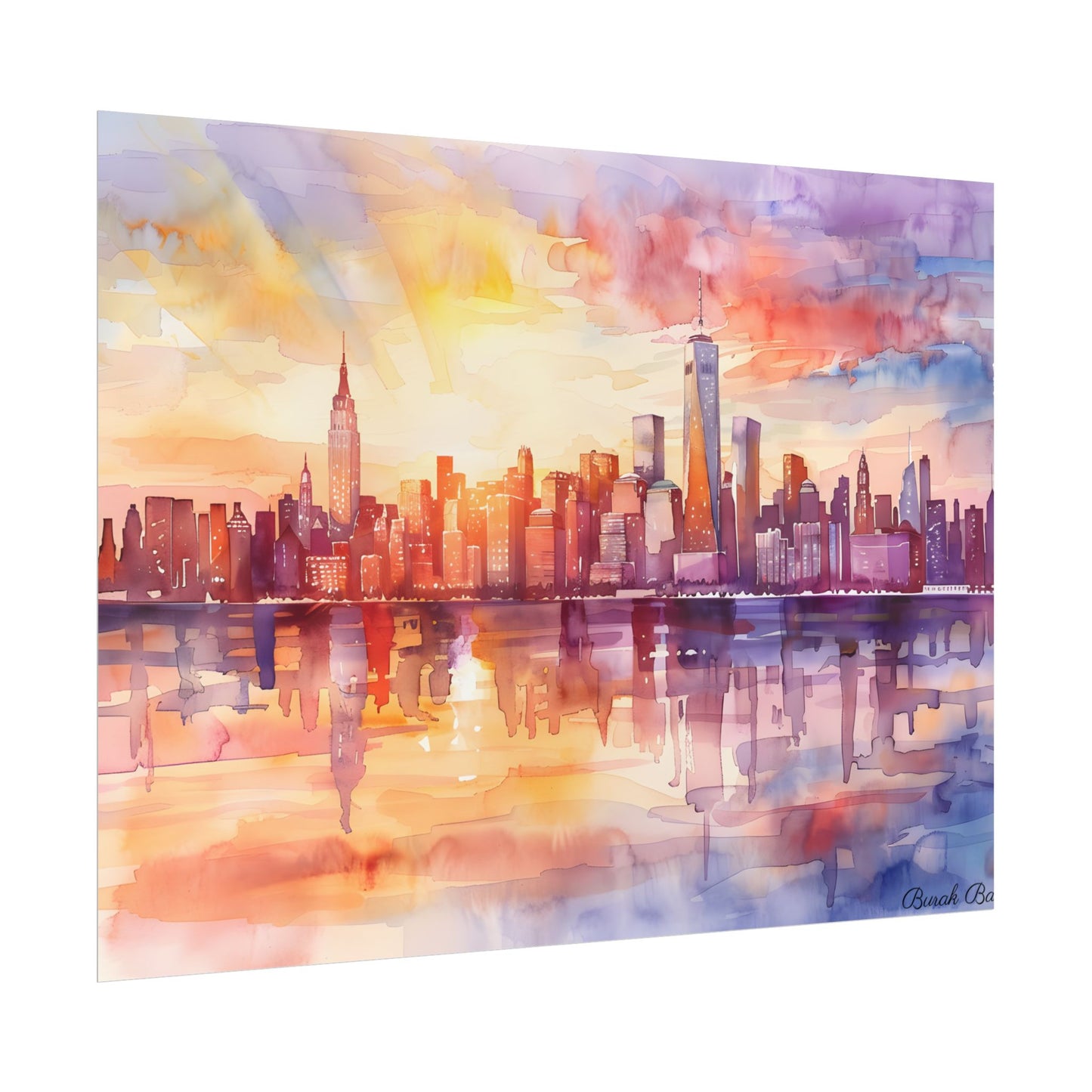Watercolor Sunset New York City Skyline: Beautiful Artwork - Poster