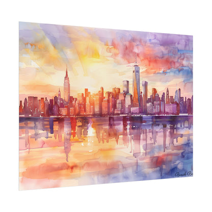 Watercolor Sunset New York City Skyline: Beautiful Artwork - Poster