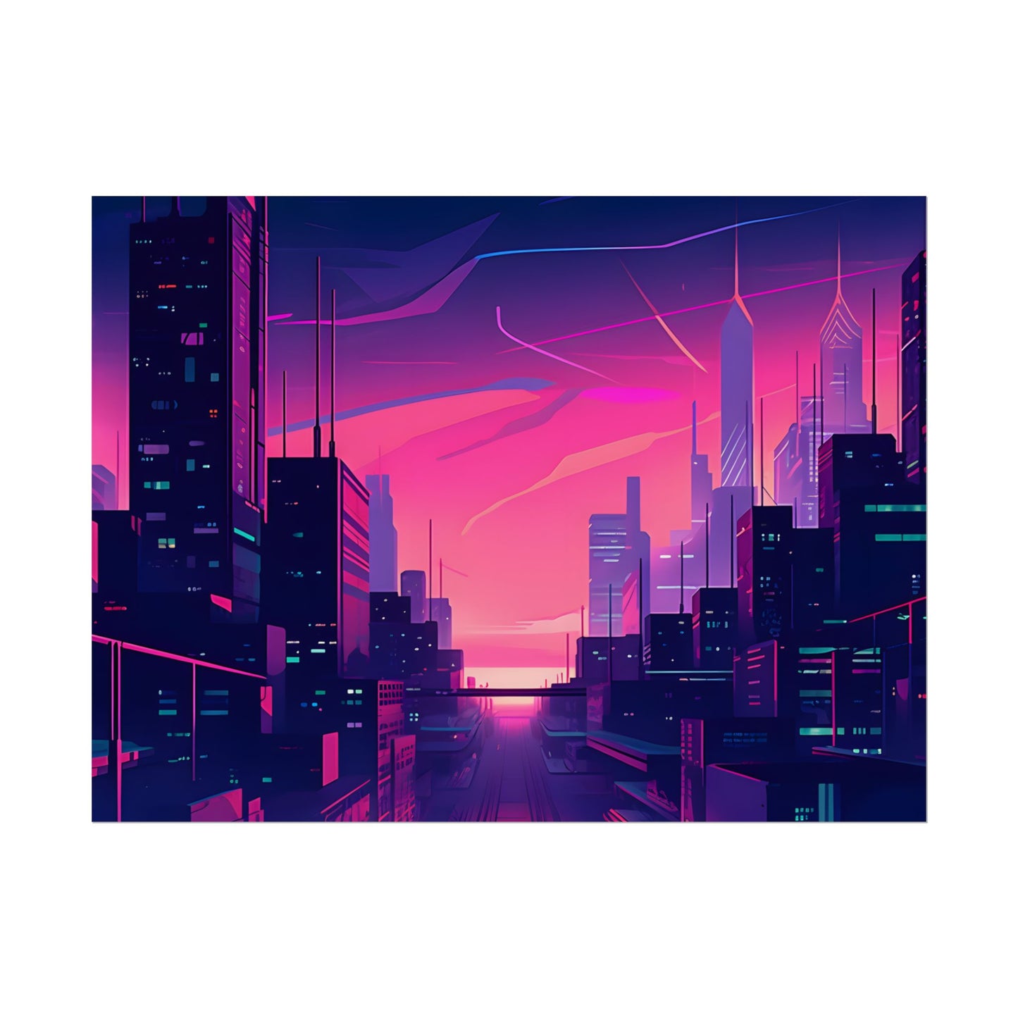 Melancholic Cyberpunk Cityscape: Neon Night Digital Art - Poster