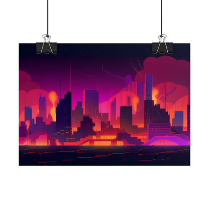 Burning Cyberpunk Cityscape: Nighttime Digital Artwork - Poster