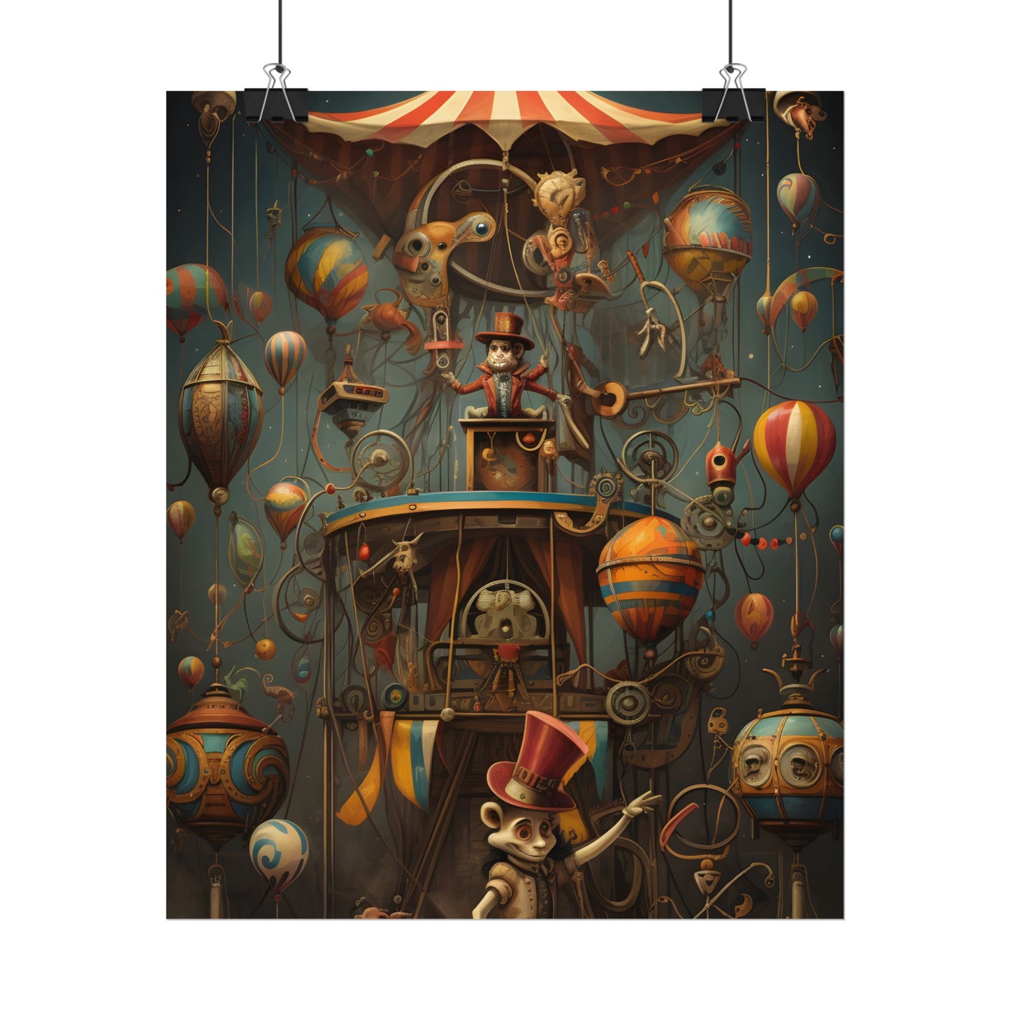 Whimsical Clockwork Circus: Fantastical Wooden Horse in Steampunk Dreamscape - Poster