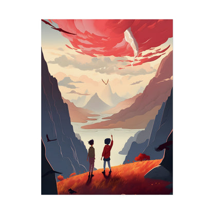Serene Meadow Scene: Girl & Boy Under Cloudy Sky - Poster