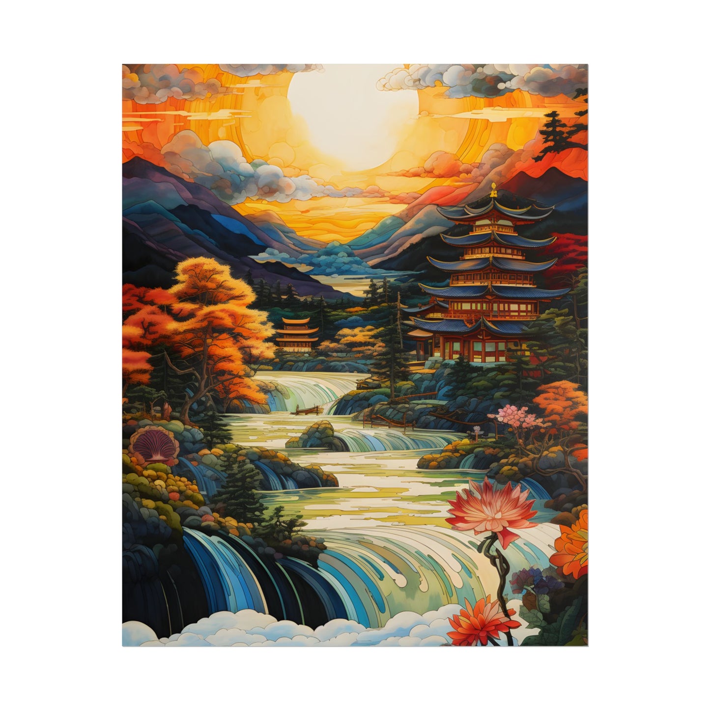 Peaceful Japanese River Landscape with Flowers: Serene Artwork - Poster