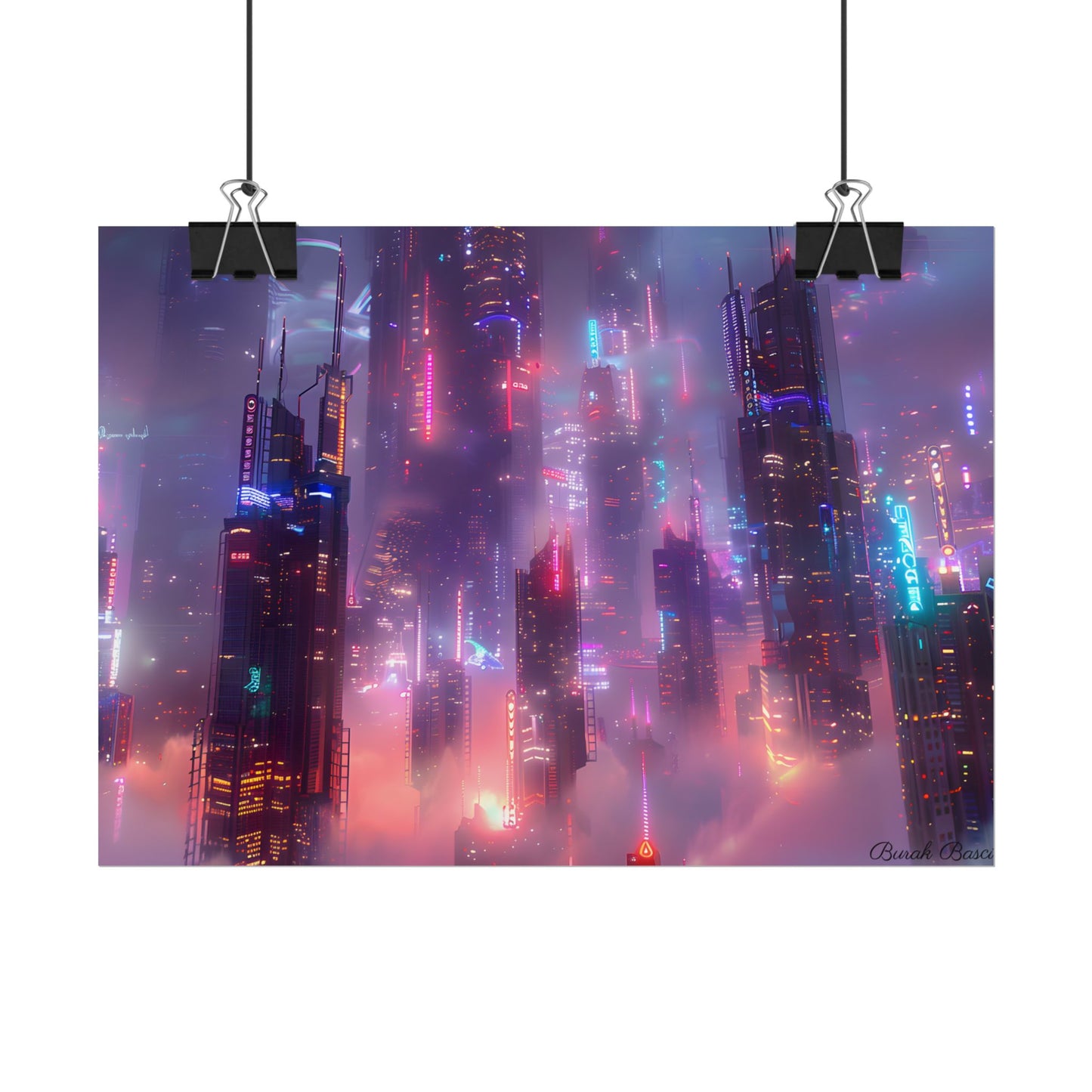 Neon Futuristic Cityscape: Graphic Modern Art - Poster