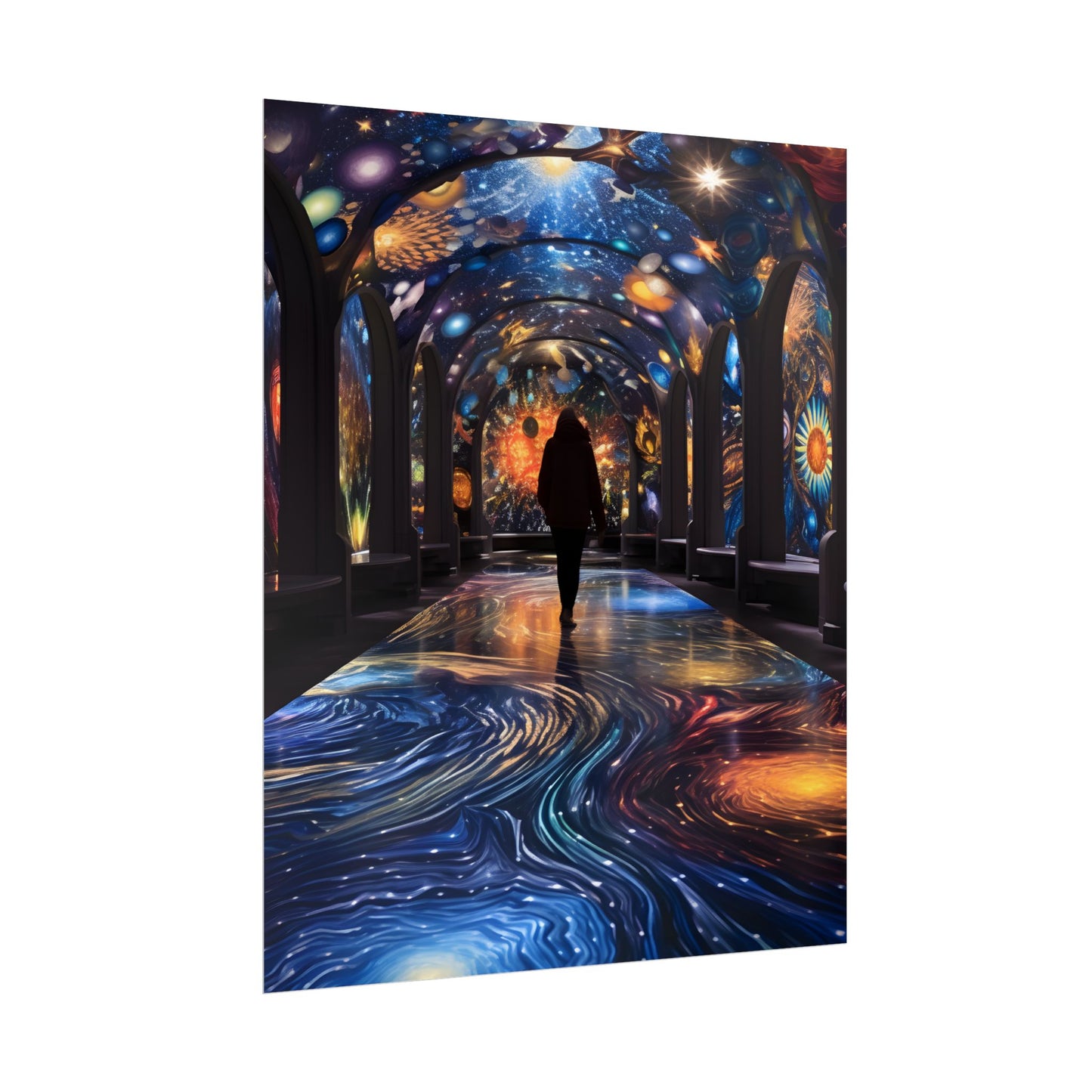 Celestial Art Gallery: Vibrant Space-Themed Artwork in a Colorful Interior - Poster