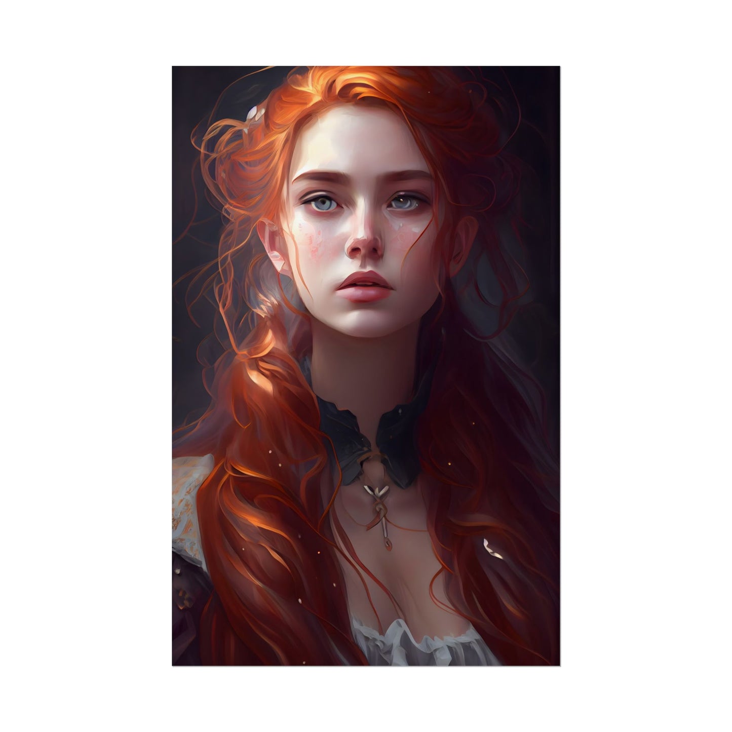Elegant Redhead Portrait: Female Artwork in Dress - Poster