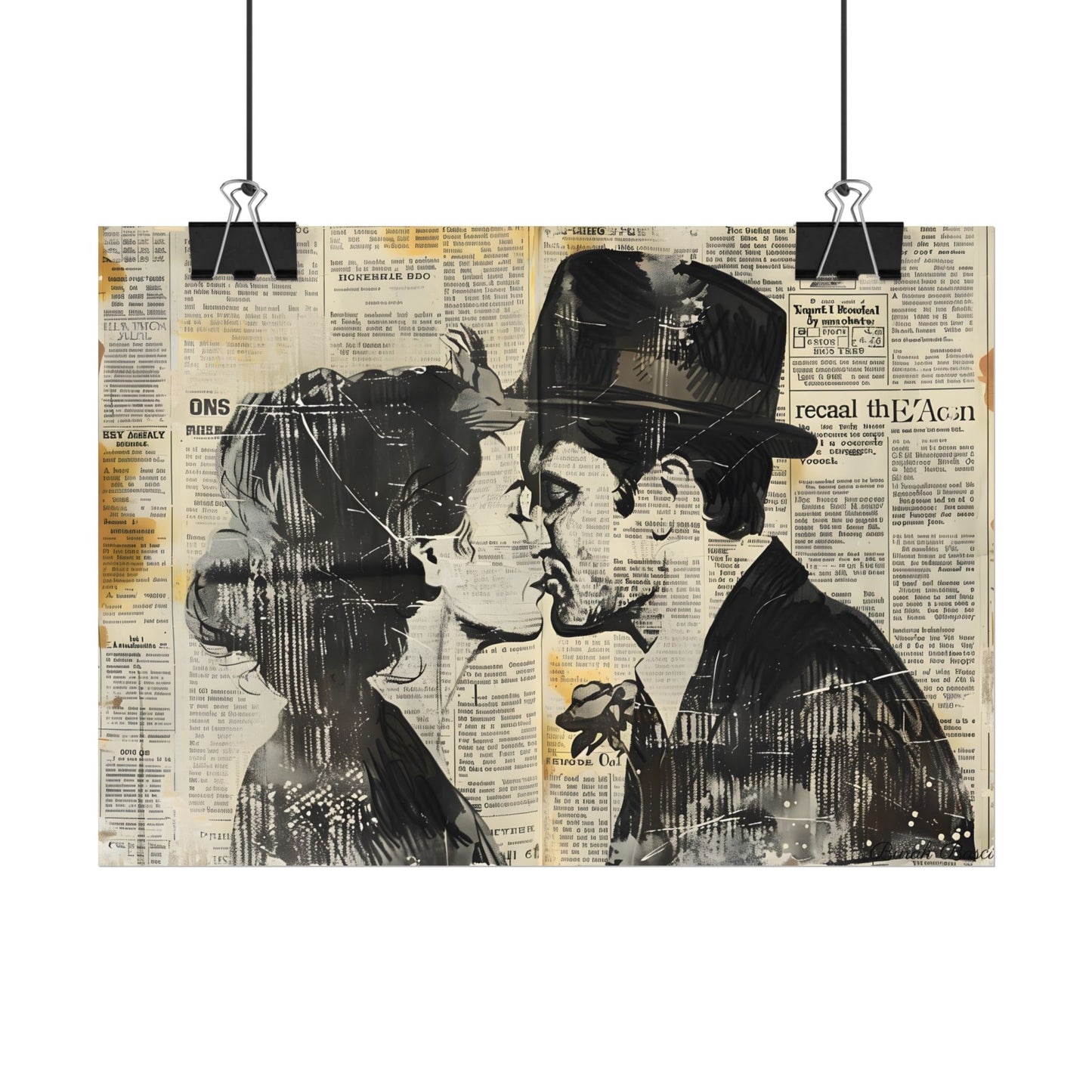 Vintage Romance Couples: Newsprint Artwork - Intimate Moments - Poster