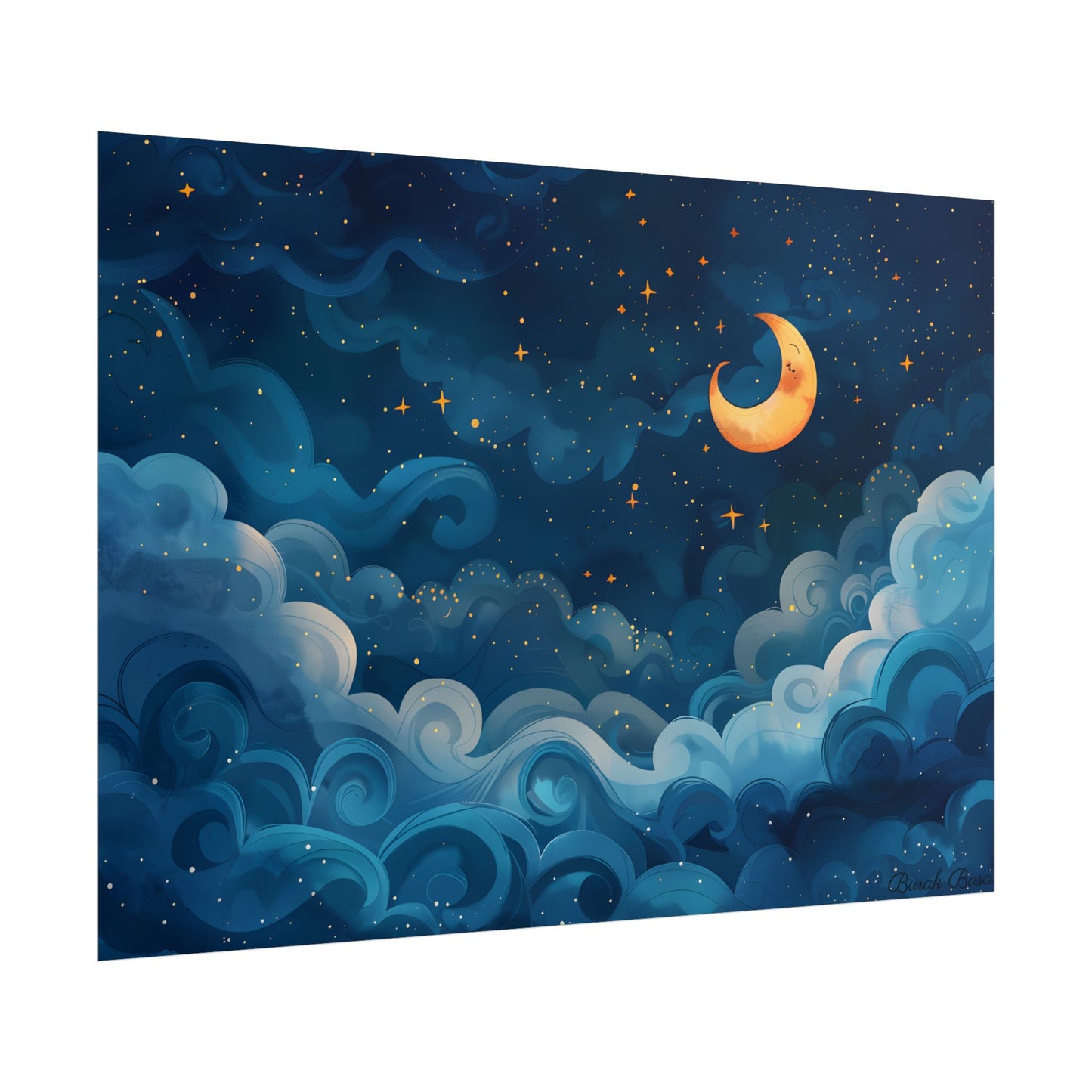Surreal Night Sky Dreamscape: Whimsical Stars and Clouds Art - Poster
